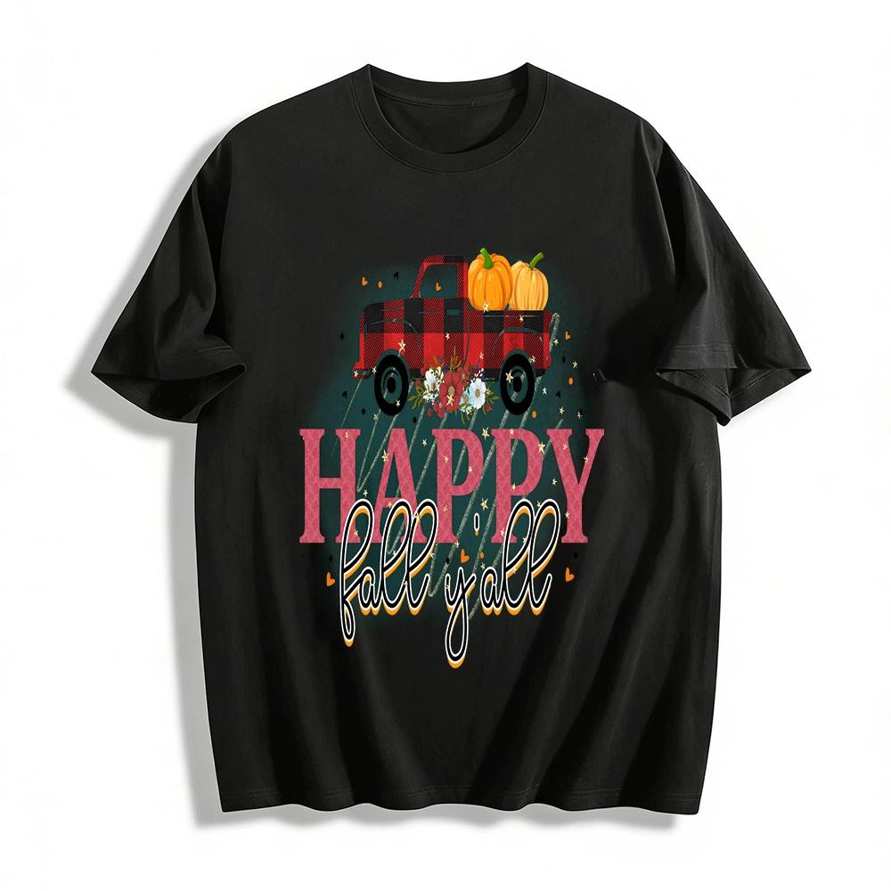 

Happy Fall Y all Pumpkin Truck Graphic Print Casual Top for Women Men Pure cotton T-shirt XXS