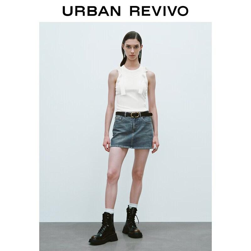 UR2026 Women s Retro Washed Cat Whiskers Denim Skirt XS