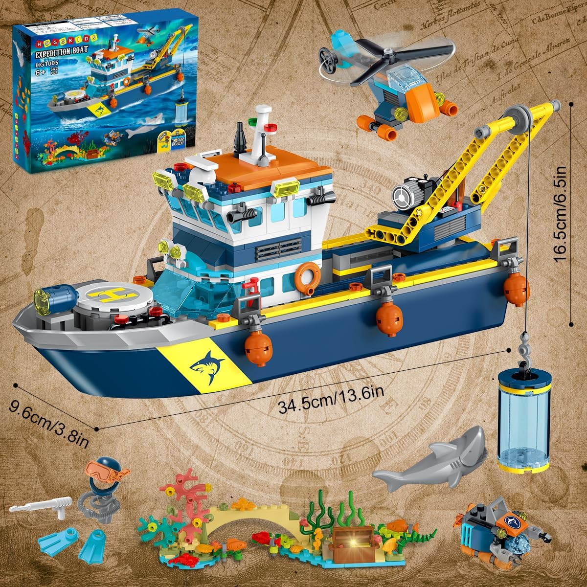 

HOGOKIDS Arctic Explorer Technic Набор строительных блоков корабля со светодиодной подсветкой Исследование океана Вертолет Подводная лодка Акула для детей от 6 лет синий