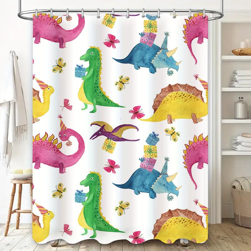 Brightly Colored Dinosaur Pattern Shower Curtain for Bathroom Decor Waterproof Fabric with Cartoon Print Blue Green Yellow Purpl