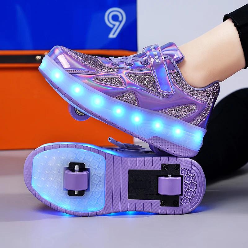 Women 2-wheel Roller Skate Shoes Trend Girls' Shoes With LED Retractable Child Dual-Purpose Casual Sneakers With Wheels