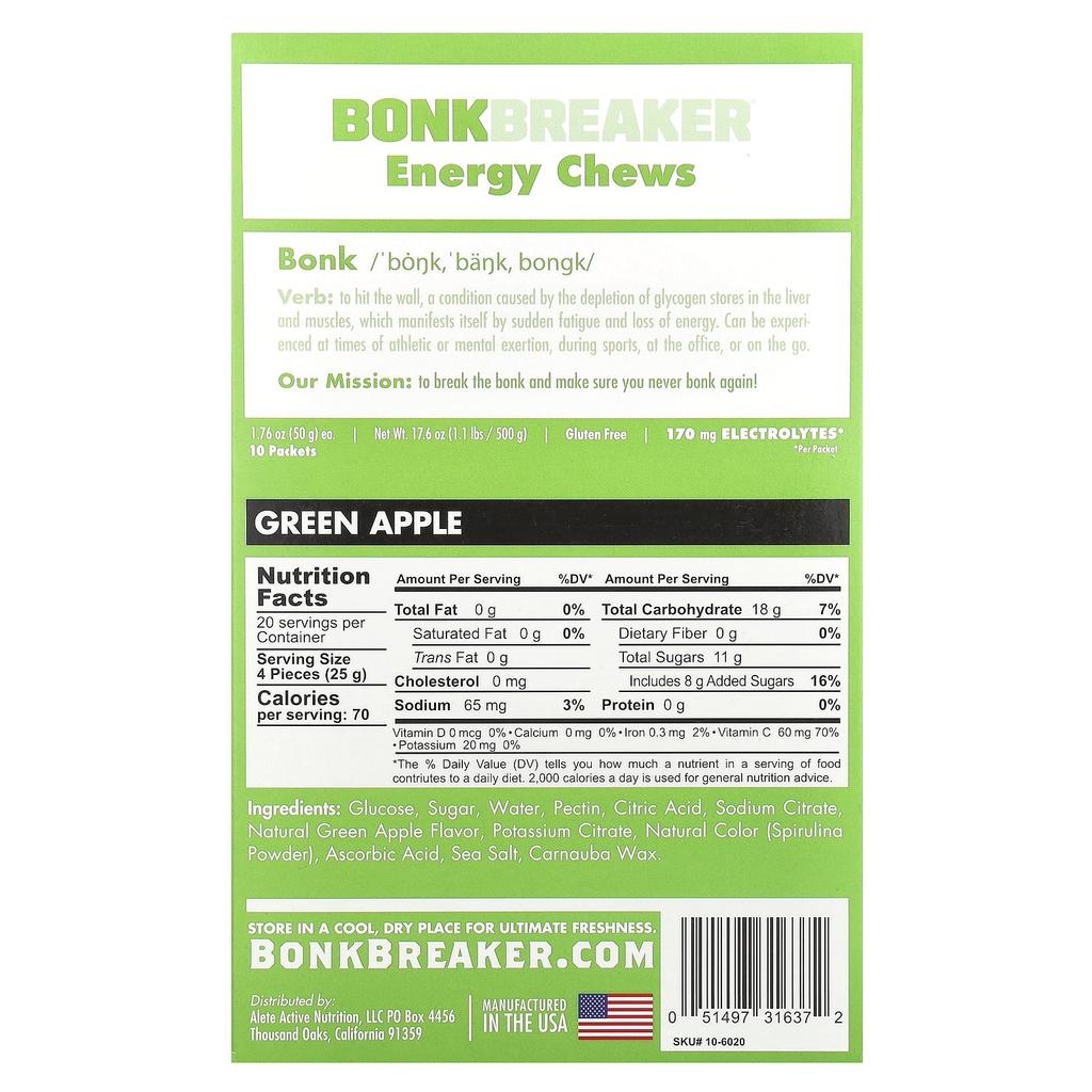 Bonk Breaker, Energy Chews, Green Apple, 10 Packs, 50g (1.76oz) Each
