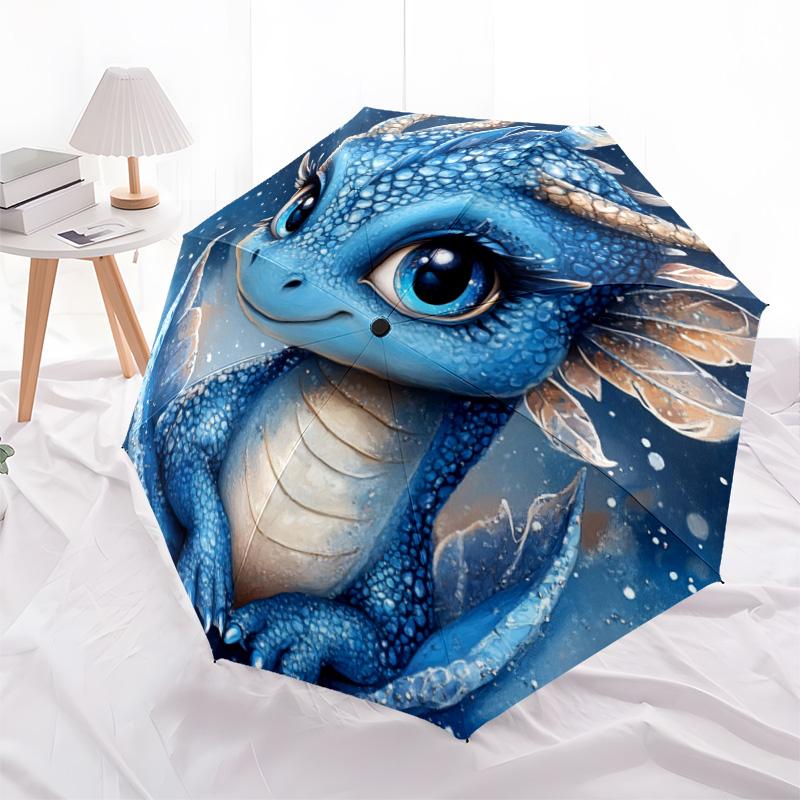 1 Stück Automatischer Faltregenschirm - Blaues Drachenmuster, Tragbares & Faltbares Design mit 8 Speichen, Weihnachts-Geburtstagsgeschenke