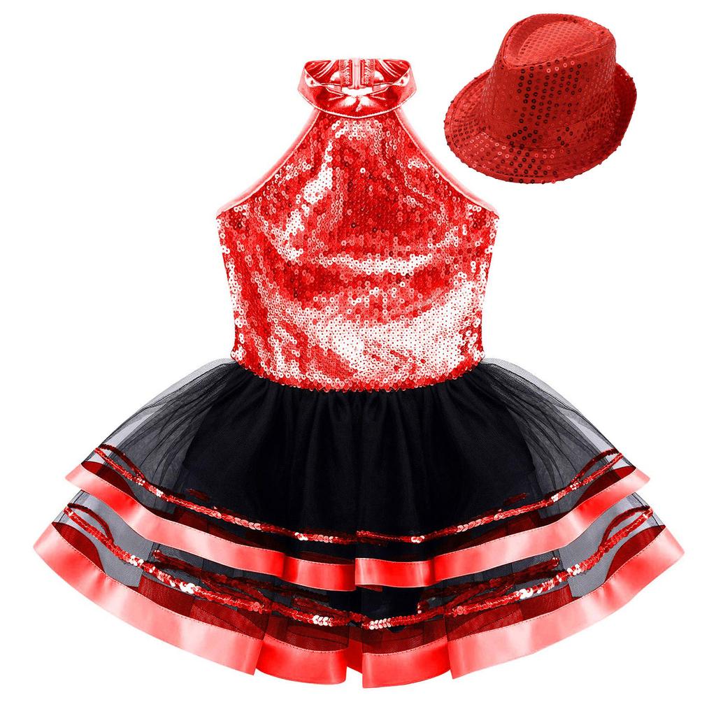 Sparkling Party & Performance Tutu for Girls: Halter Neck Backless Dress with Sequins, Includes Hat for Easy Complete Look
