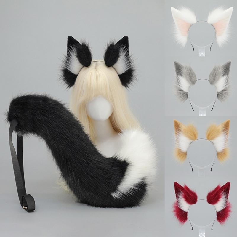 Wolf Foxes Tail Foxes Ears Headband Faux Furs Animal Tail Halloween Christmas Fancy Party Costume Gift for Women Men