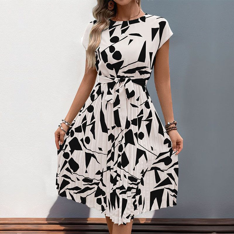 Printed round Neck Lace up Casual Dress Print round Neck Tied Dress