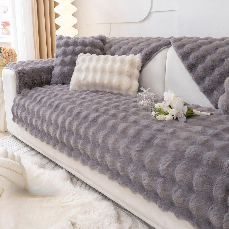 Rabbit Plush Sofa Cushion Winter Thickened Fleece Cushion Non-Slip Leather Sofa Cover Cover Cloth