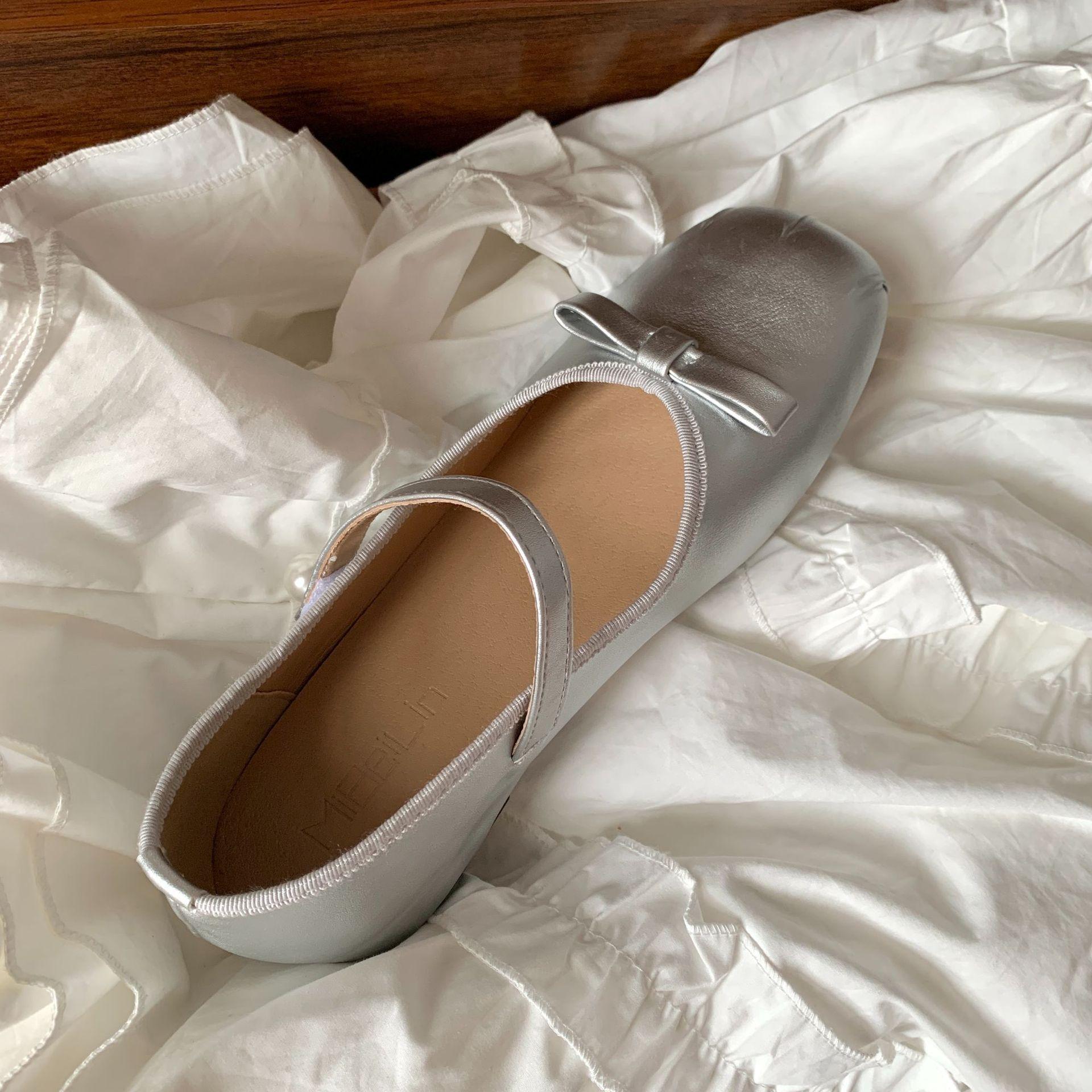 

French Evening Breeze Bow With Blue Satin Ballet Mary Jane Shoes Inner Height Increase Light Mouth Single Shoes Women 35