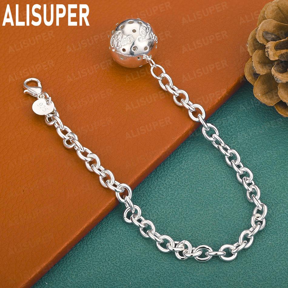 925 Sterling Silver Openwork Round Ball Side Chain Simple Bracelet - Exquisite Gift Jewelry 20CM