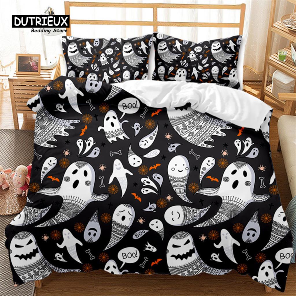 Cartoon Pumpkin Duvet Cover Gothic Halloween Skull Bedding Set Polyester Lantern Ghost Comforter Cover King For Boys Girls Decor