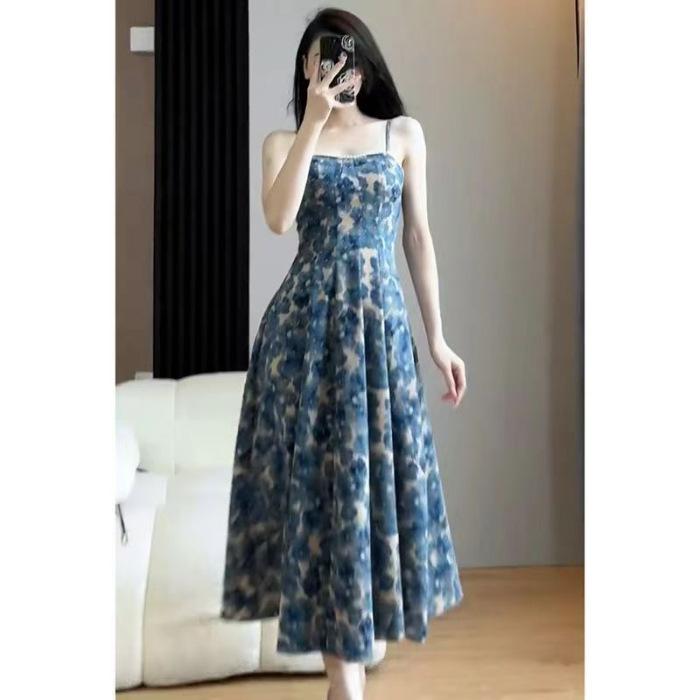 Summer new Korean version of French small fresh women s vacation style slim-fitting sexy temperament dress printed long dress S