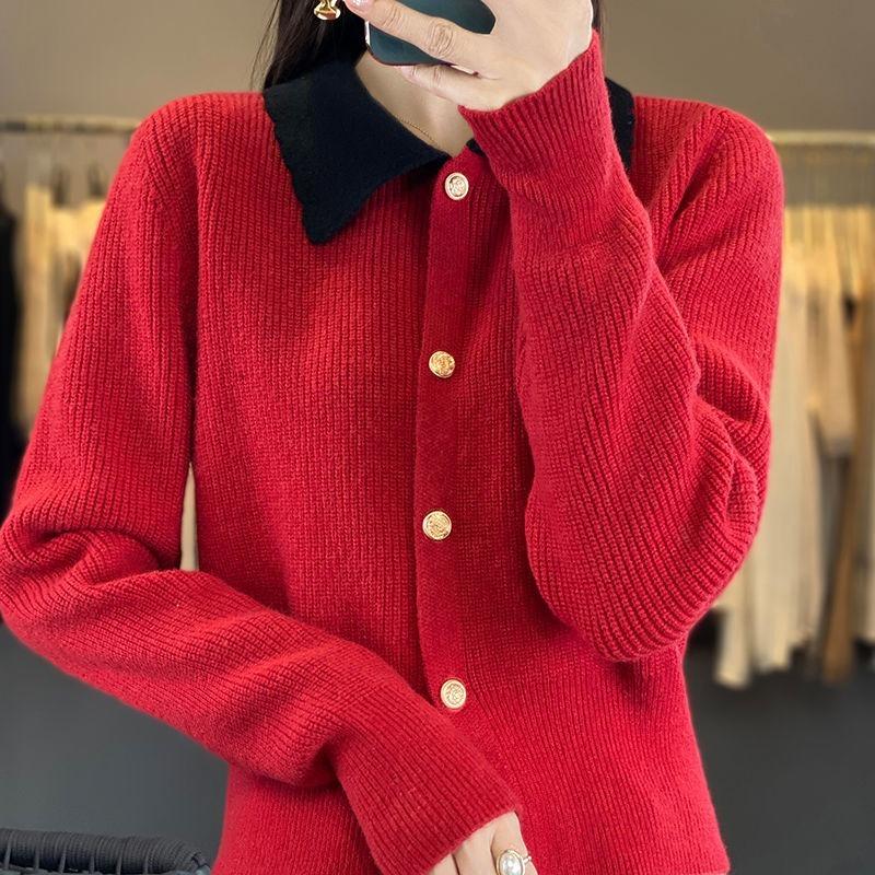 

New Autumn Winter Knitted Cardigan for Women Age-reducing Lapel Woolen Sweater Soft Waxy L червоний