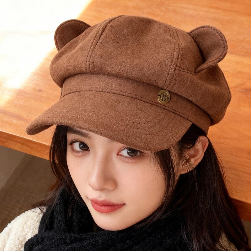 Autumn and winter cute sweet bear ears beret versatile face student newsboy hat