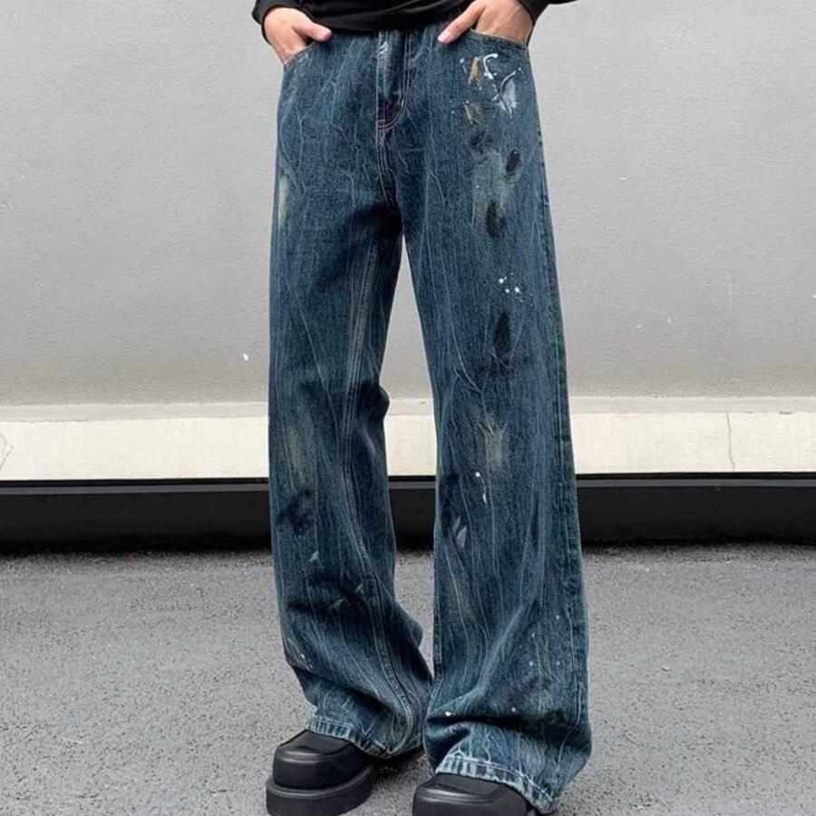 American High Street Ink Splashing Design Sense Niche Jeans Men's Autumn Trendy Brand Cleanfit Straight Loose Long Pants
