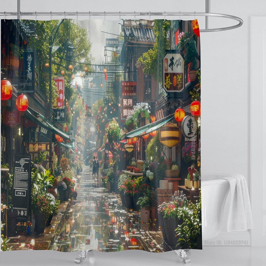 Illustration Japanese Chinese Style Art Print Polyester Washable Waterproof Shower Curtain Bathroom Decoration Bathtub With Hook