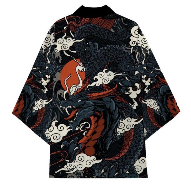 Japanese Traditional Samurai Kimono Men Women Anime Dragon Printed Green Loose Cardigan 3/4 Sleeve Harajuku Haori Coaplay Shirt