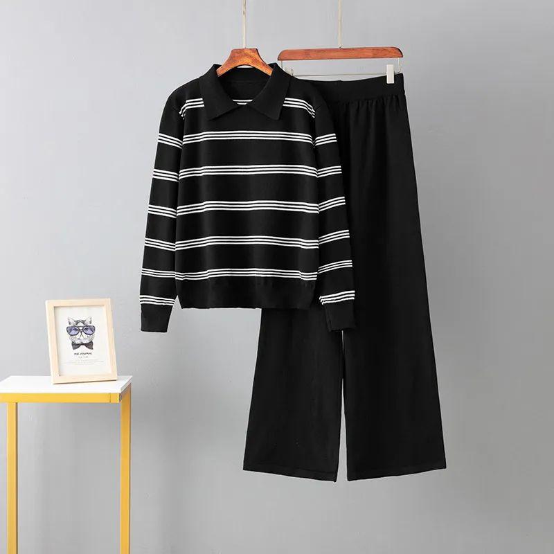 

Cross-Border Temu Foreign Trade Polo Collar Stripe Temperament Knit two piece Sweater Loose Casual Set Long sleeve Women clothes Black All yards