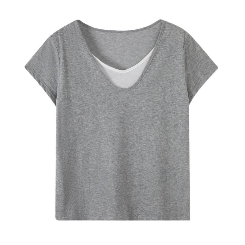 Women's Short-Sleeve V-Neck T-Shirt – Popular Loose Fit, Faux Two-Piece, Lazy Style Design