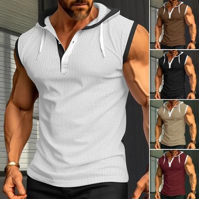 Sweat à capuche musculaire pour hommes, avec cordon de serrage réglable, boutons, encolure, sans manches, Patchwork de couleurs, gilet de Sport, Streetwear