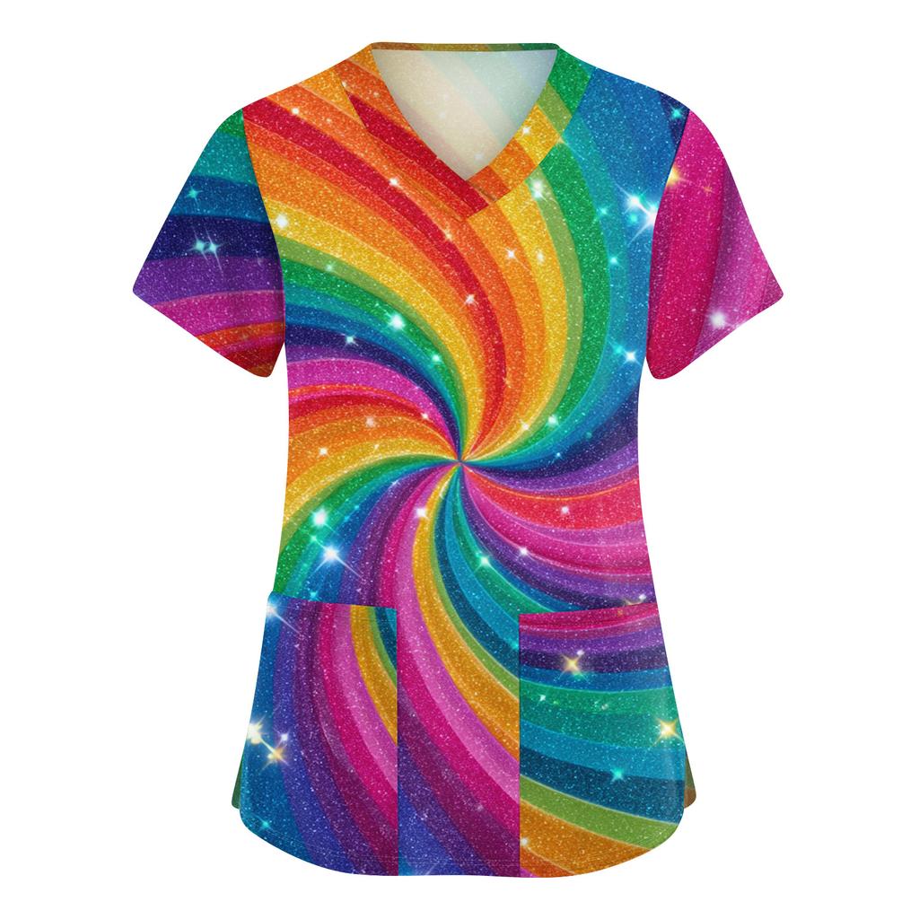 Women's Cute Printed Work Clothes V-neck Double Layer Pockets Basic Short Sleeve Top Pullover