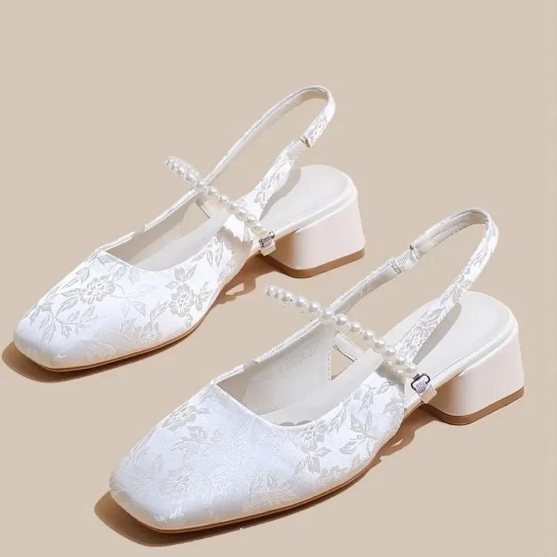 Fashion Shoes for Women 2025 New High Quality Women's High Heels Square Toe Print Med Heel Dress Pumps Elegant Slingbacks Sandals
