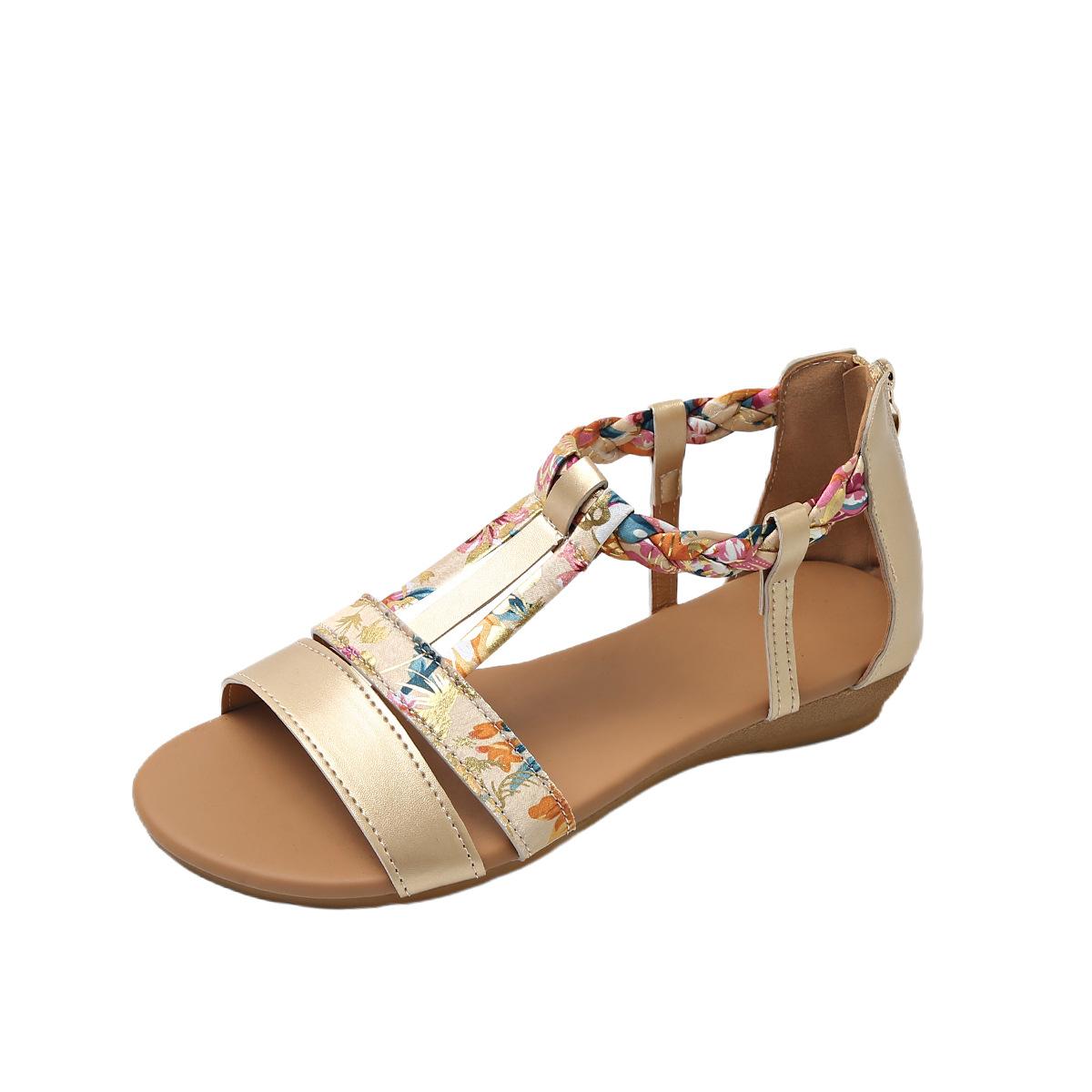 

Fashion 2025 Summer Bohemian Ethnic Sandals Woman Zipper Roman Women S Plus Size Flat Sandals Leather Velvet Shoes Rome Flock Pu Slides 43 золотой