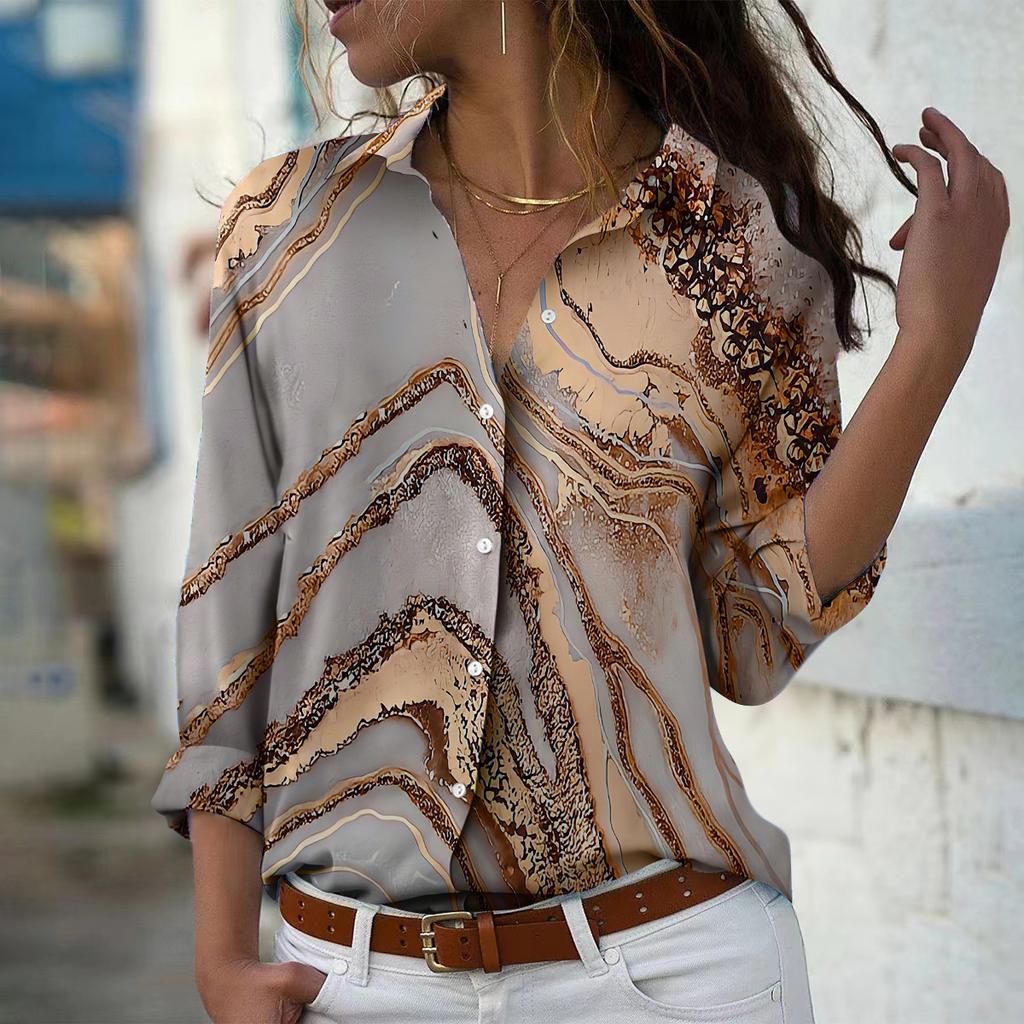 Flowing Sand Print Women Blouse Spring Autumn Femme Office Lady Button Up Turn Down Collar Shirts
