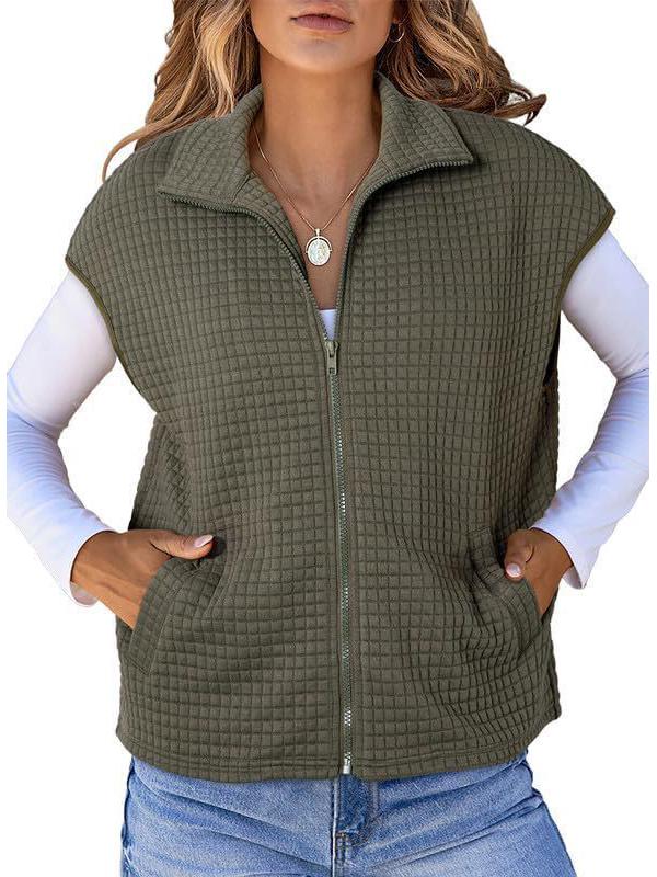 

Женский осенний удлиненный свитшот без рукавов с вафельной текстурой, карманом, отложным воротником и застежкой-молнией. XXL