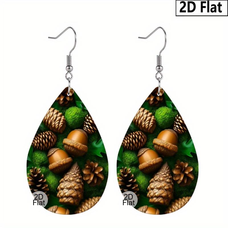 Autumn Thanksgiving/Christmas Gift Leather Women's Fashion Drop Earrings, Brown/Green Leaves Pinecone Patterned Design PU Earrings Jewelry for  Wear