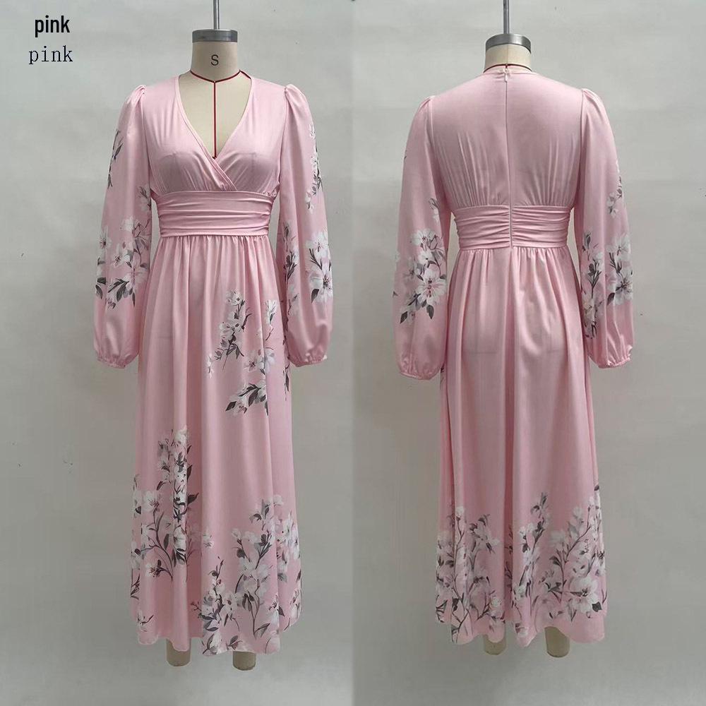 Women's V-Neck Floral Long Sleeve Pleated Dress 2026