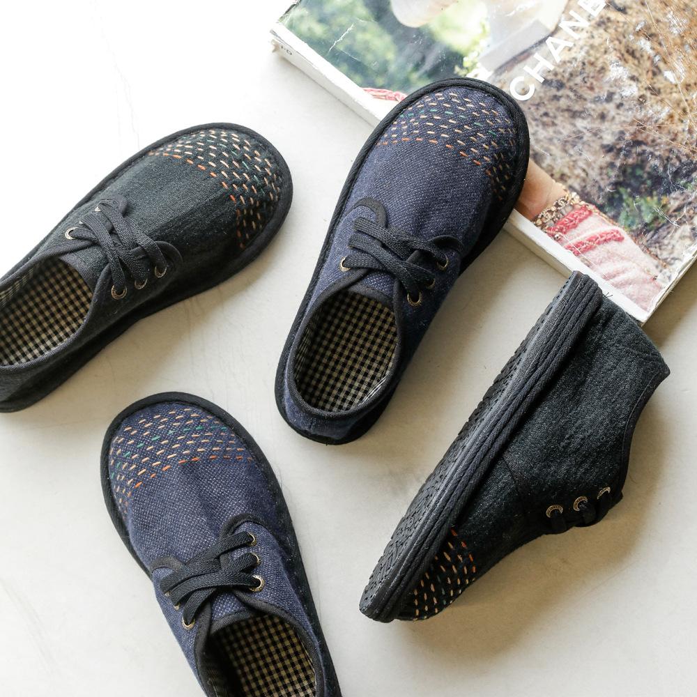 Johnature Handmade Cotton Shoes Retro Round Toe Lace Up Soft Sole Comfortable Women's Flat Shoes