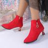 New thin-heeled mid-heeled pointed fleece boots and bare boots in autumn and winter, short tube, solid color high heel.