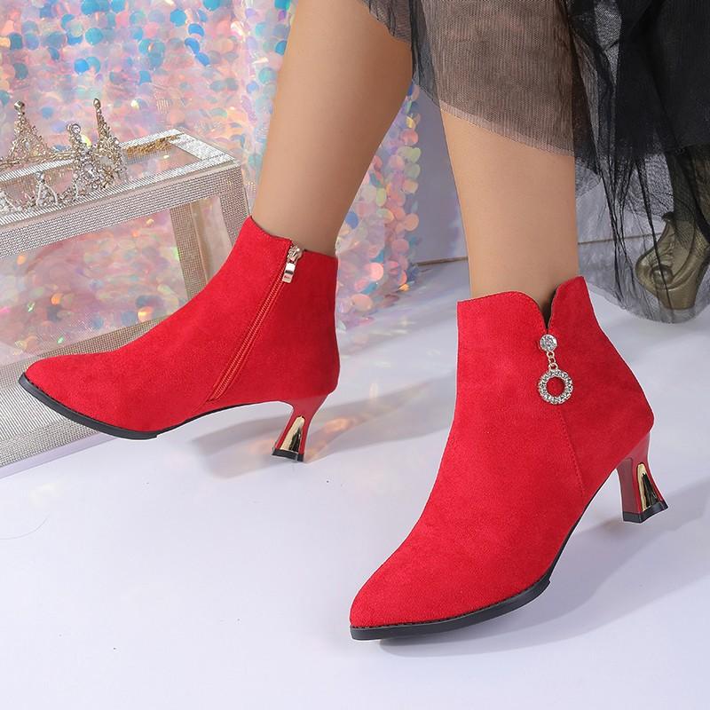New thin-heeled mid-heeled pointed fleece boots and bare boots in autumn and winter, short tube, solid color high heel.