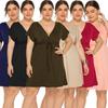 Große Größe Kleidung Damen Sexy Übergroße Kurze Maxikleider Einfarbig V-Ausschnitt Lose Plus Size Flare Sleeve Kleid