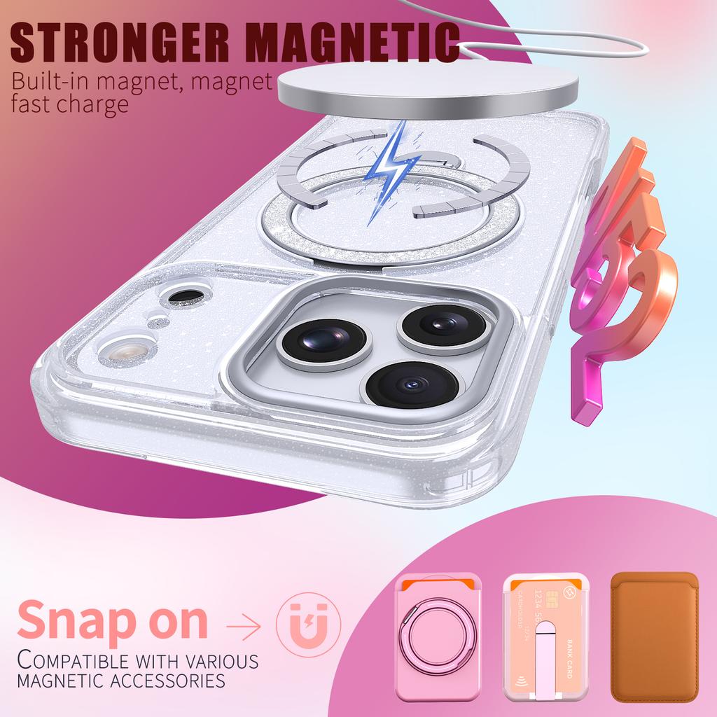 Premium Glitter Magnetic Case For iPhone 11 12 13 14 15 16 Plus Air 17 Pro Max 17e 360° Rotating Stand TPU Frame Acrylic Cover