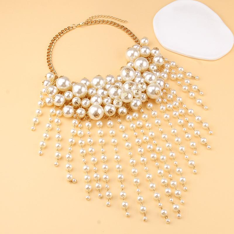 Geometric Alloy Necklace For Women With Faux Pearl Tassels Fashion Jewelry For Spring