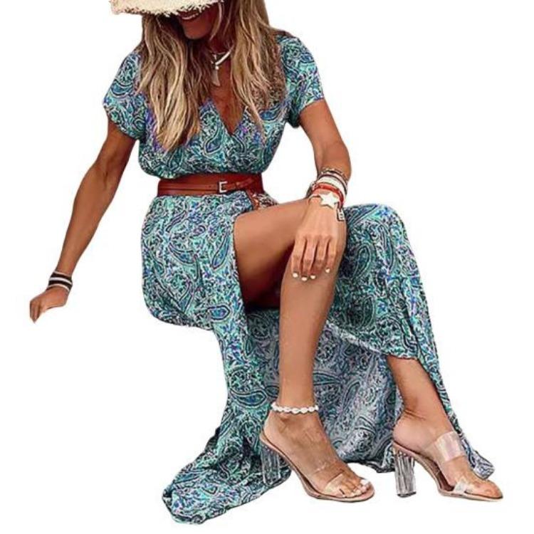 

Bohemian Floral Print Maxi Dress with V Neck and Slit Hem Summer Beach Dress Slim Waist Belted Short Sleeves Vacation Dress S зелёный