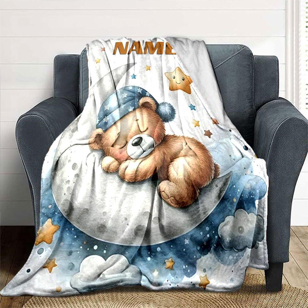 Cute Teddy Bear Sleeping On A Crescent Moon Surrounded By Stars And Clouds Lightweight Personalized Blanket Personalized Name Soft Cozy Suitable For
