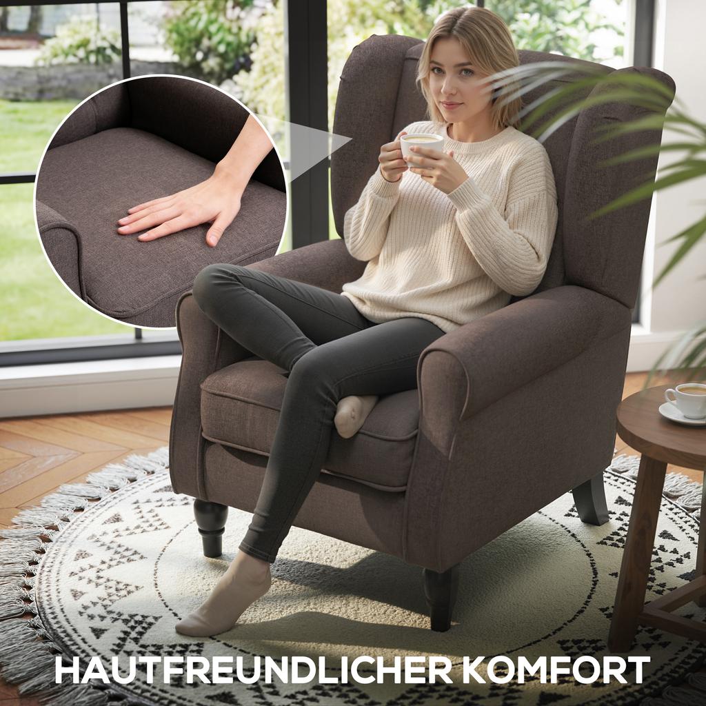 Poltrona Wing Chair con Braccioli, Sedia da Salotto con Cuscino, Trapuntatura, Poltrona con Schienale Alto e Gambe in Legno, Poltrona Reclinabile per Soggiorno, Camera da Letto