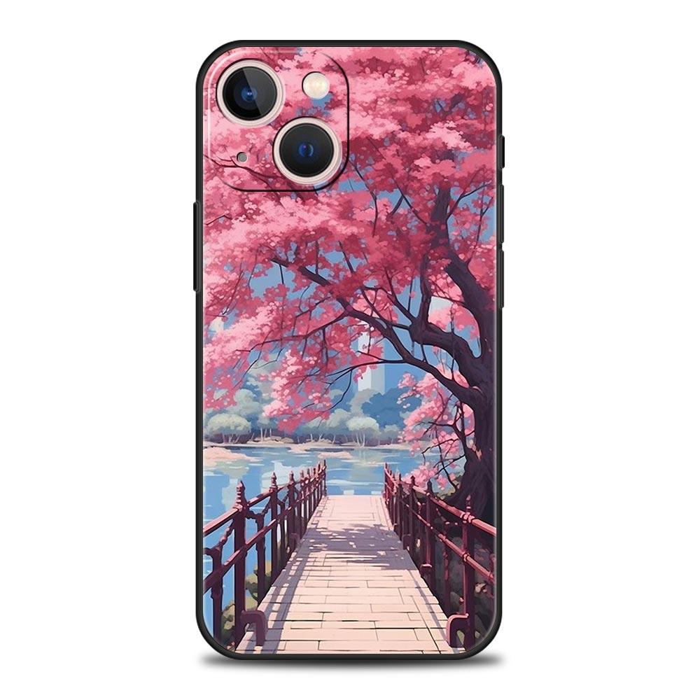 Coque de téléphone Rose Fleurs de Cerisier Printemps Pour iPhone 17 16 15 Pro Max 11 12 13 14 7 8 Plus SE 2020 X XR XS Cover Souple Noir