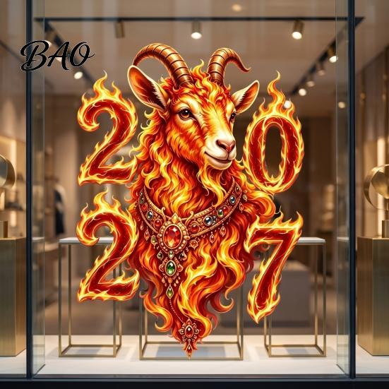 Christmas New Year Window Art Chinese Decoration, 2027 Goat Static Clings, Zodiac Glass Vibrant Pattern Cling Decals, Reusable Lunar Decor for