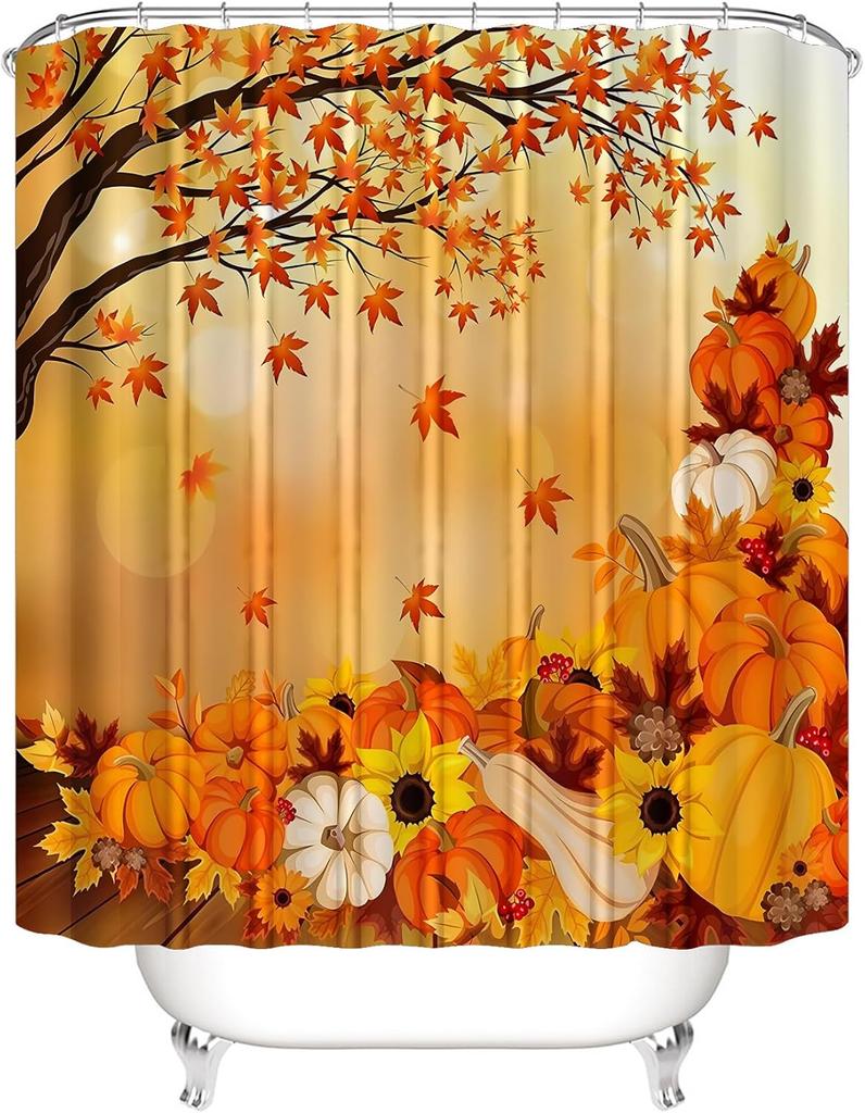 Fall Thanksgiving Day 4Pcs Autumn Pumpkin Maple Tree Leaves Shower Curtain Set With Non-Slip Rug Toilet Lid Cover And Bath Mat