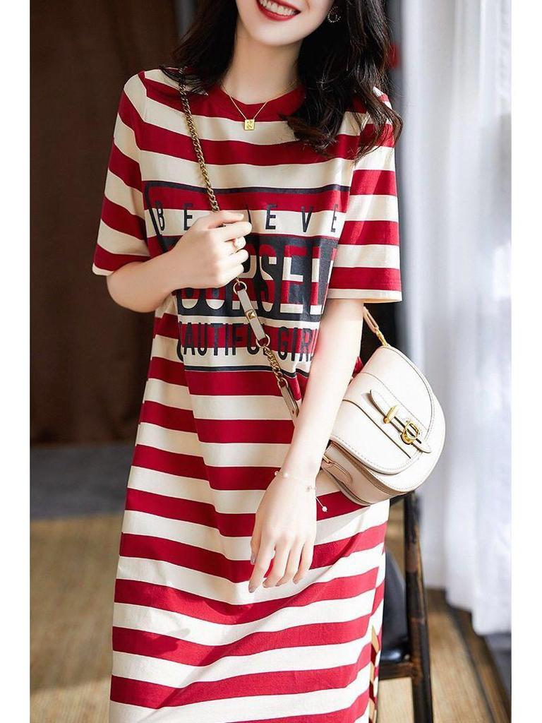 Striped Women's T-Shirt Dress - Short-Sleeved, Split Hem, Medium Length