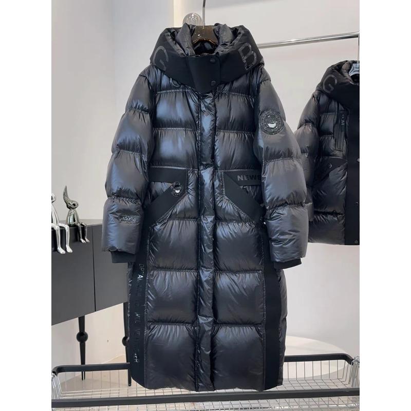 

Черный и золотой пуховик женский зимний новый с капюшоном свободный выше колена утолщенный белый утиный пух длинное пальто прилив XL (150-85kg wearable) чёрный