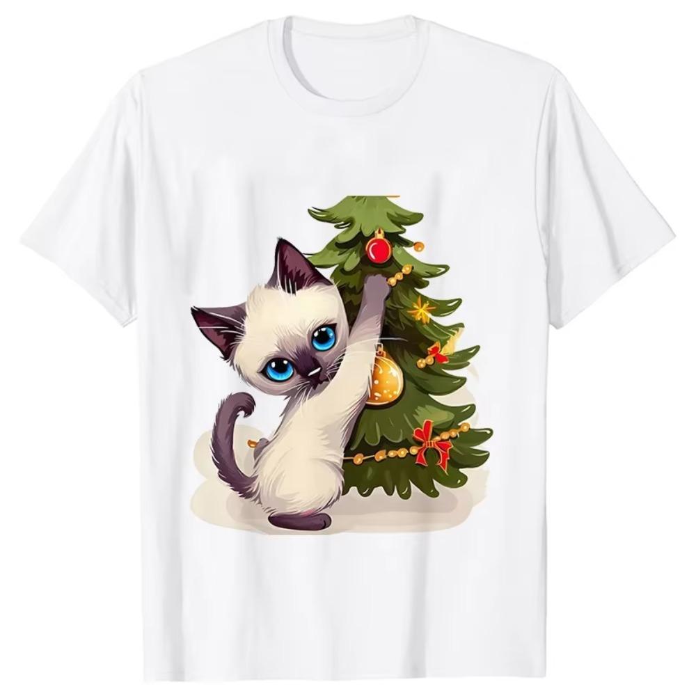 Christmas Cat T-Shirt for Men Xmas Cute Cat Lover Graphic Y2k Tops Short Sleeve Tees Funny Streetwear Tshirt Oversized Clothing