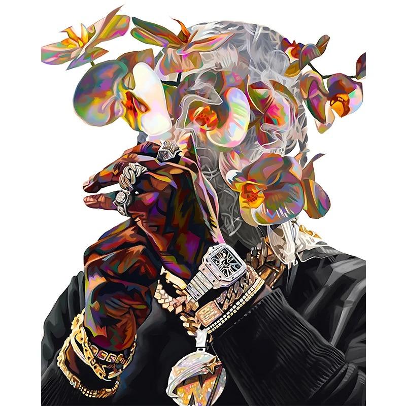 Famous Rapper Star Portrait with Flowers Canvas Painting Hip Hop Singers Abstract Art Posters Prints Wall Art Picture Home Decor