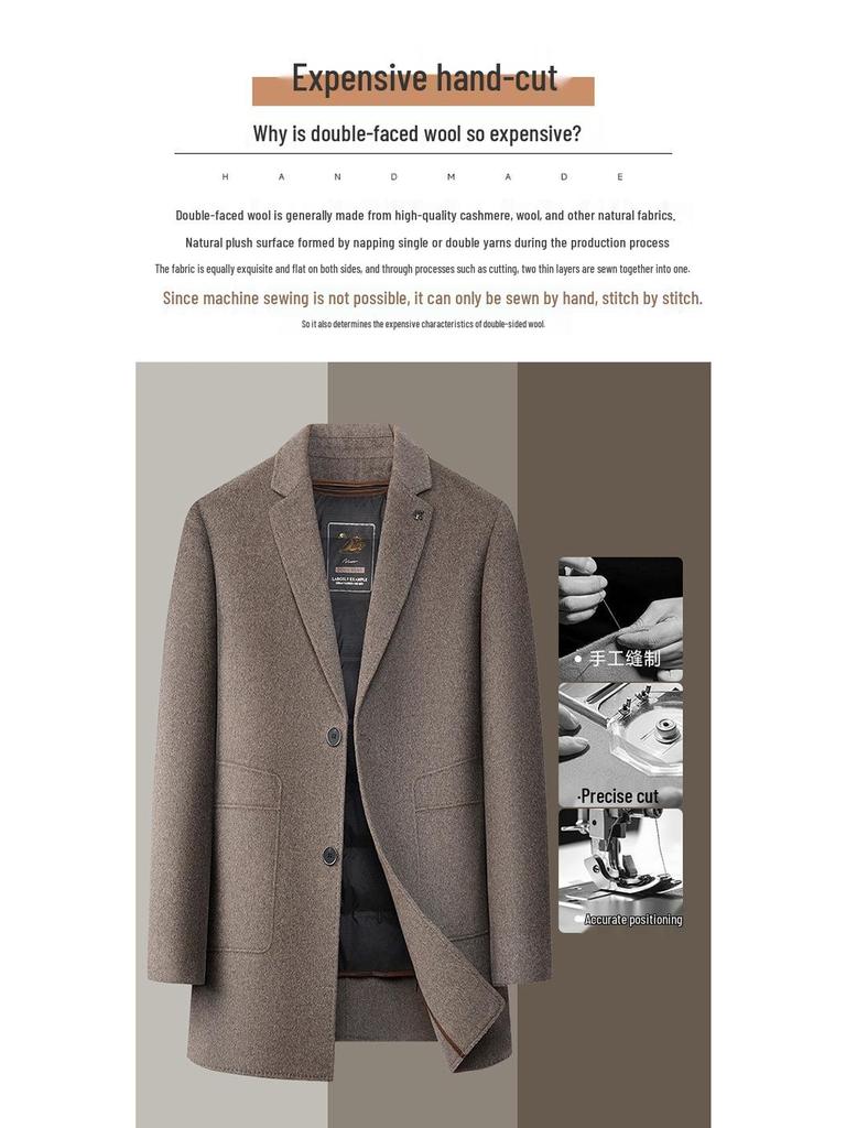 Herren Mittellanger High-End Kaschmirmantel mit abnehmbarem Daunenfutter und Anzugkragen für Herbst/Winter.