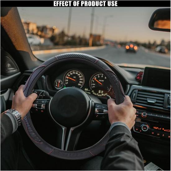 Car Steering Wheel Cover, 15 Inch Carbon Fiber Leather Elastic Steering Wheel Protector, Anti-Slip, Breathable & Soft Car Interior Accessories