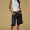 Women Jean High Waisted Trendy Patch Pockets Casual Summer Button Fly Denim Knee Length