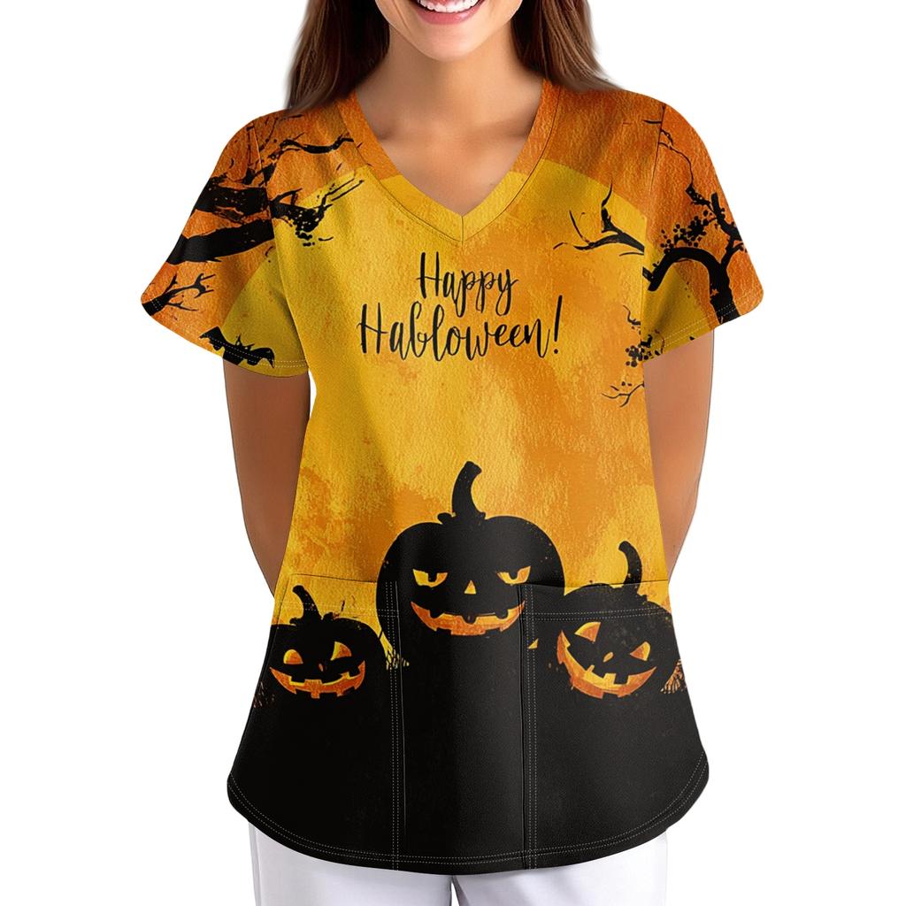 Women's Halloween Print Loose Fit V Neck Short Sleeve Medical Scrub Top with Pockets for Healthcare Professionals Comfortable Workwear